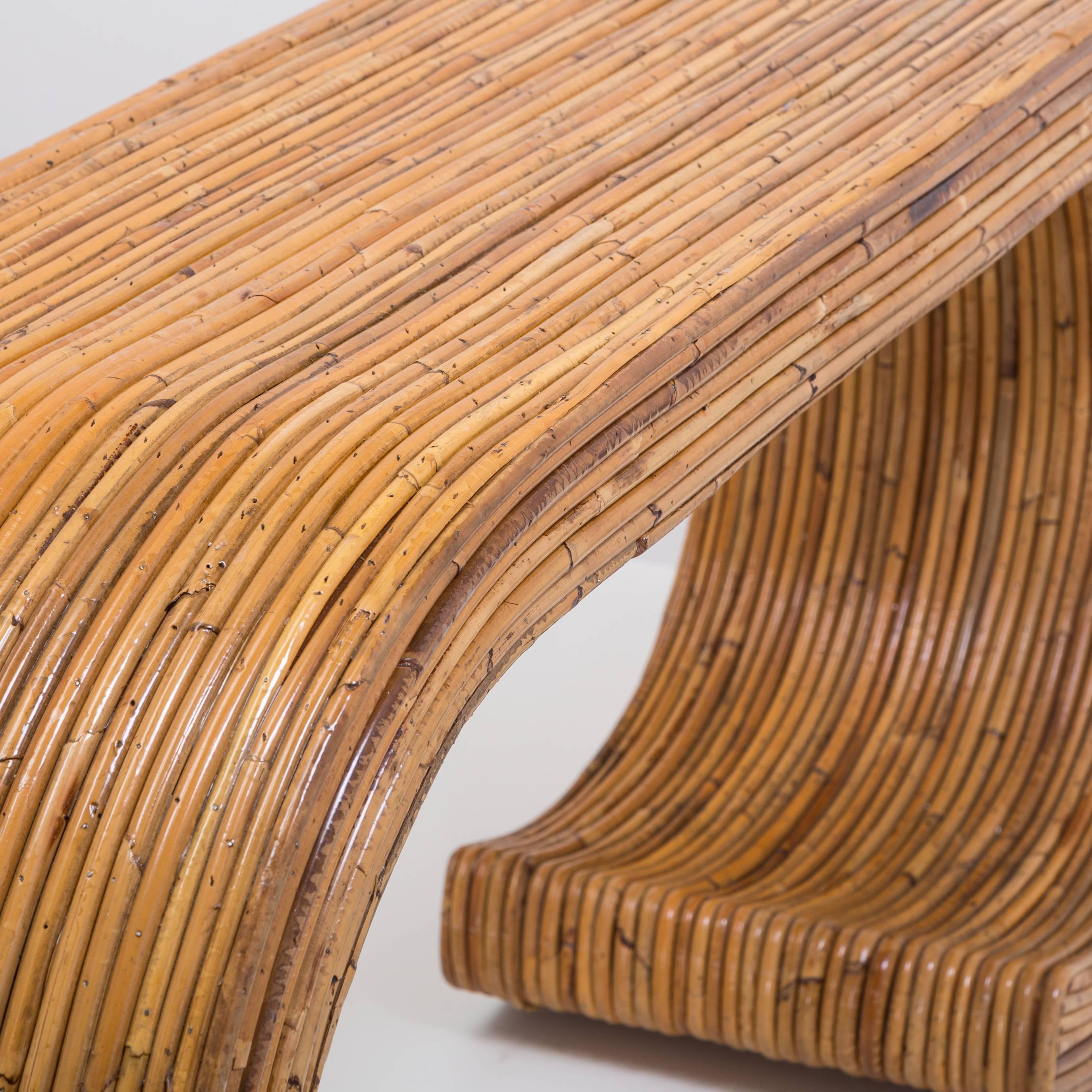 Pair of Bamboo Cane Wrapped Waterfall Console Tables, 1970s 4