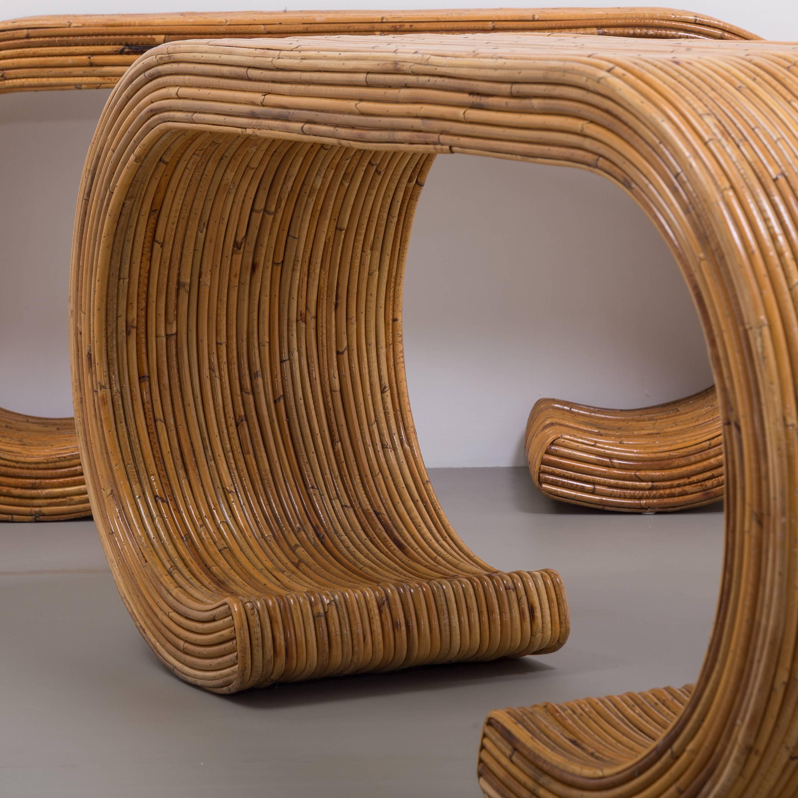 Pair of Bamboo Cane Wrapped Waterfall Console Tables, 1970s 3