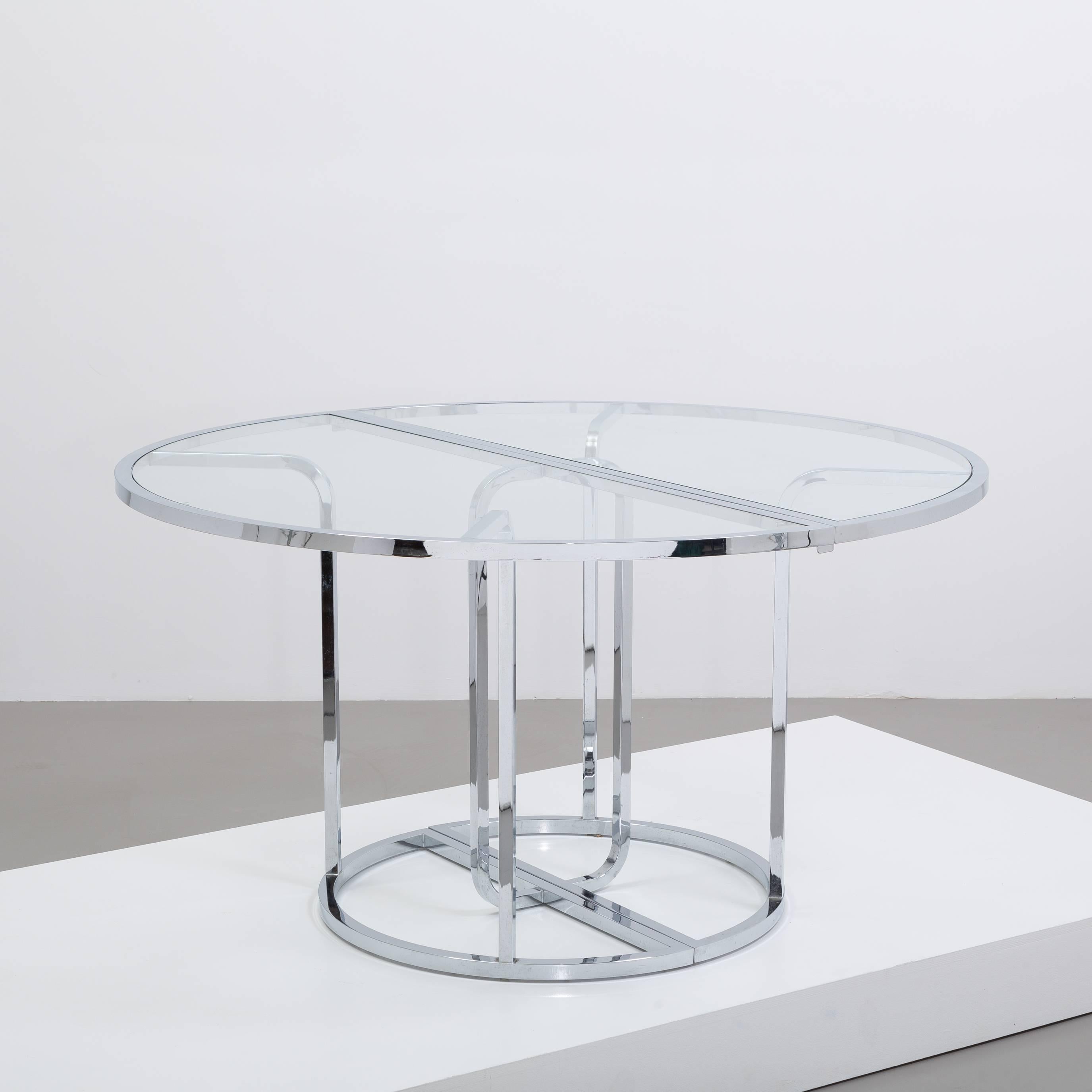 Three-Part Chromium Steel Framed Glass Dining Table, 1970s In Good Condition For Sale In London, GB