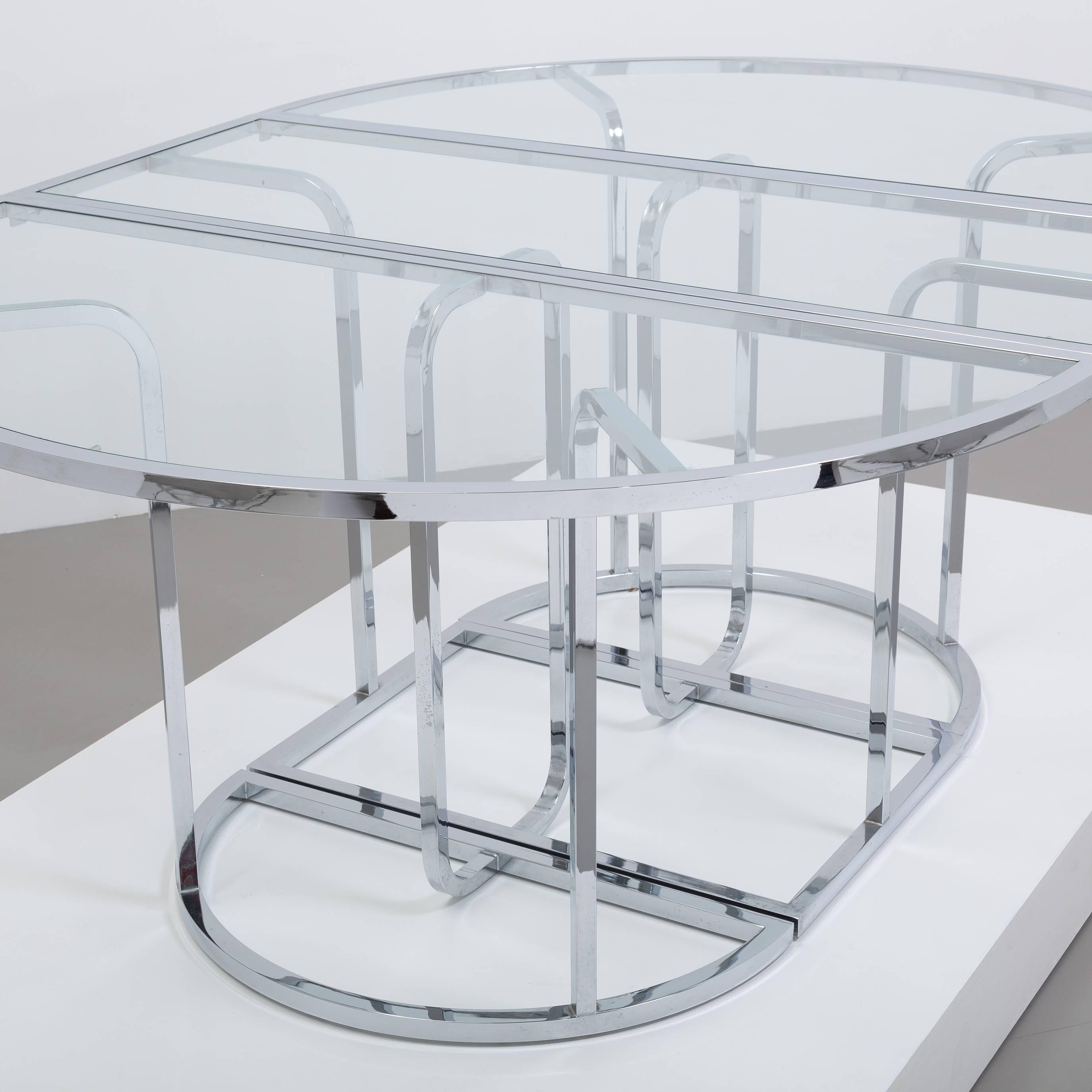 Three-Part Chromium Steel Framed Glass Dining Table, 1970s For Sale 4
