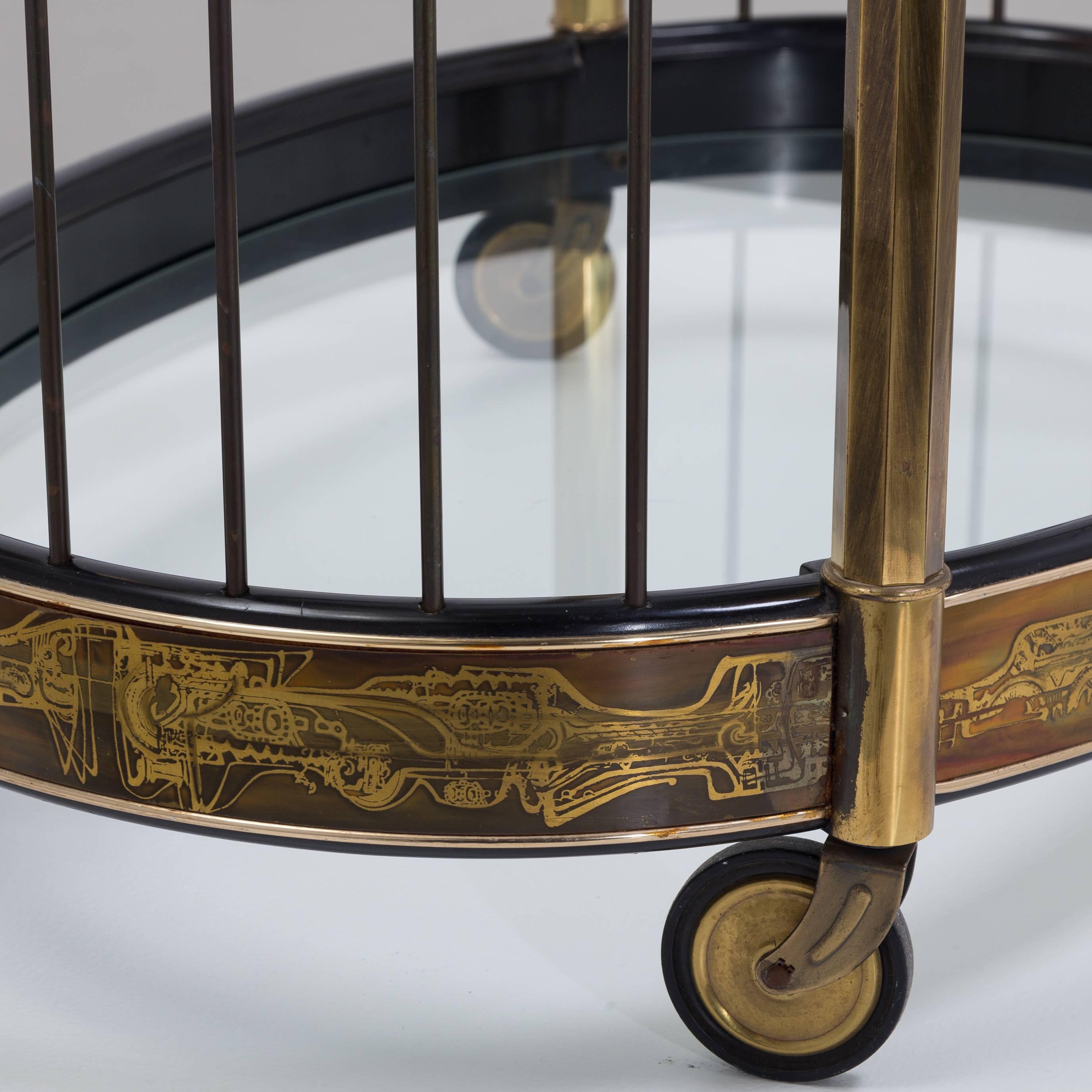 Acid Etched Two-Tiered Oval Trolley by Mastercraft, 1970s 3