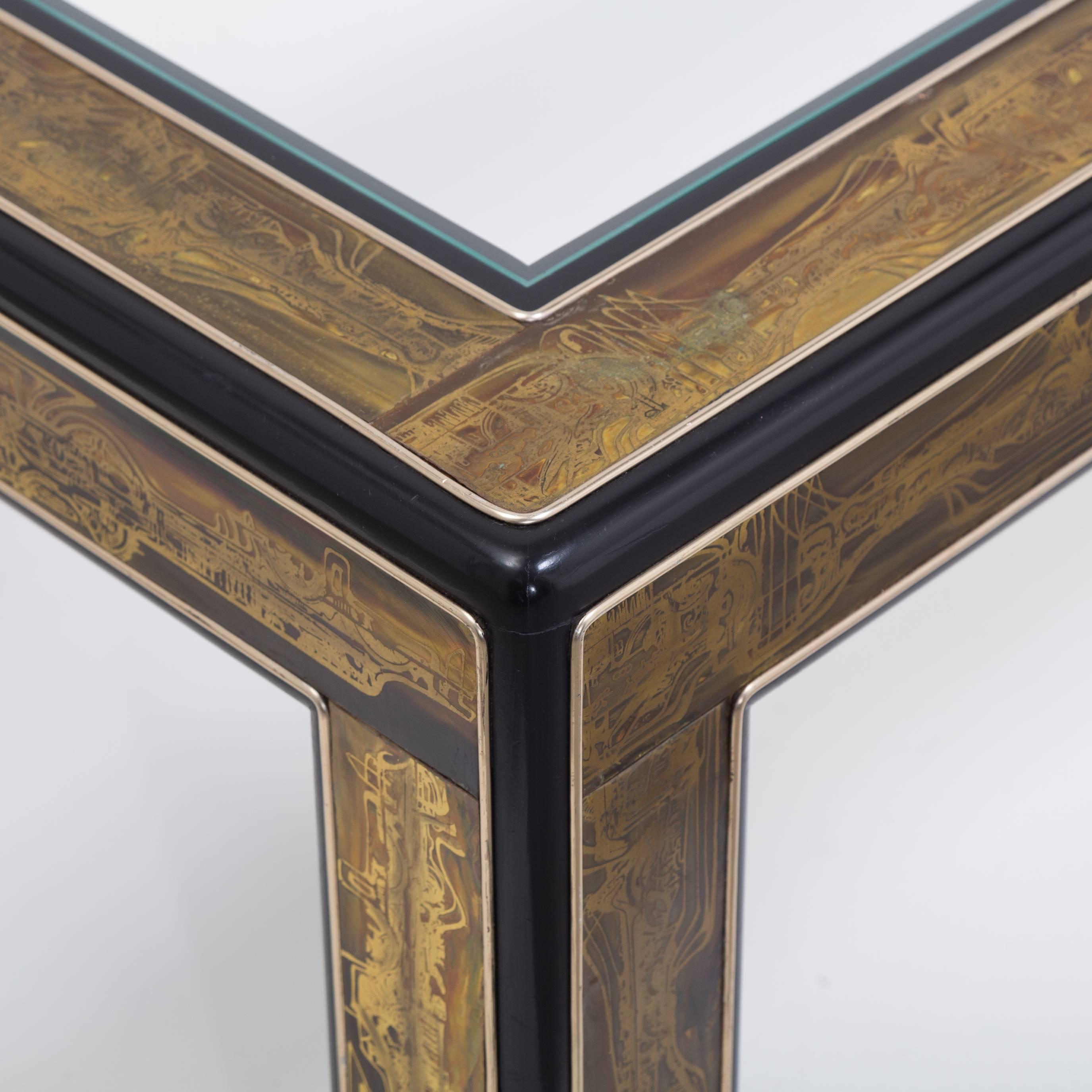 Mastercraft Acid Etched Brass and Ebonized Coffee Table, 1970s 1