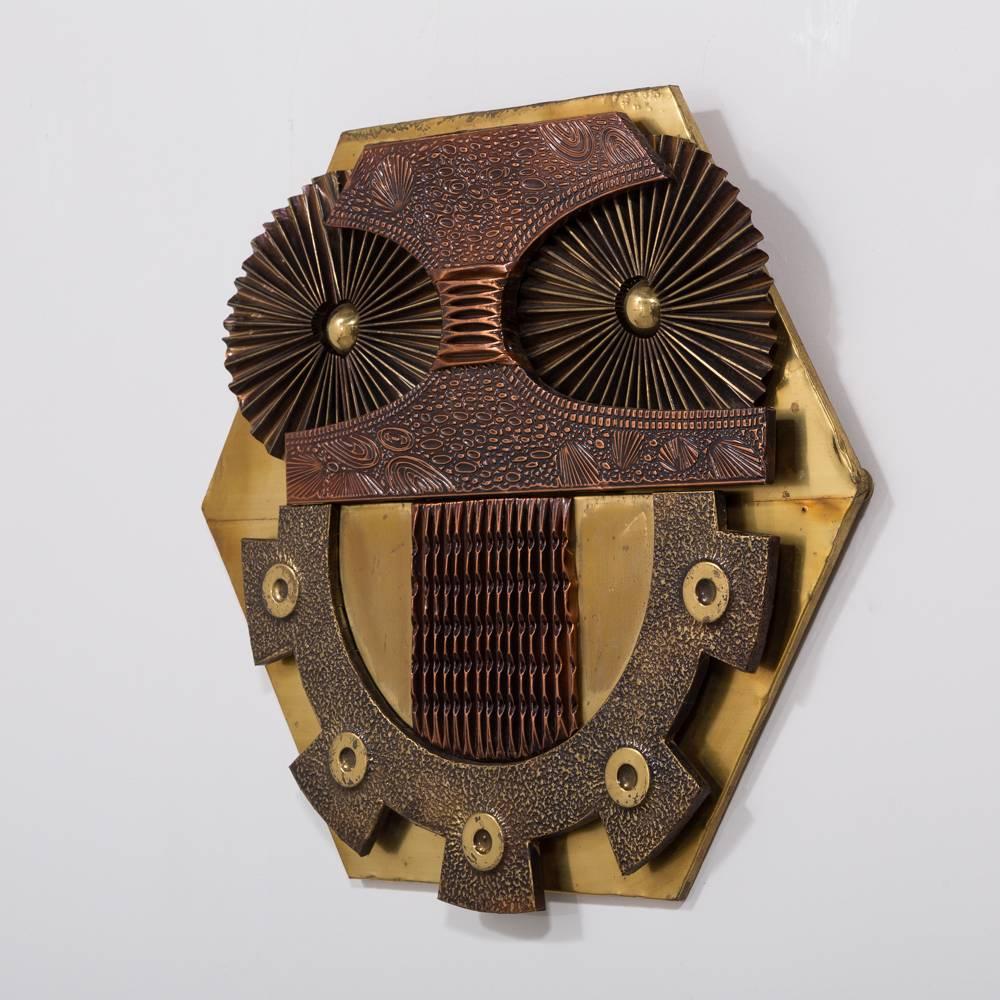 A copper and brass sheet owl sculptural wall panel, 1970s

Price includes 10% VAT which is removed for items shipped outside the EU.