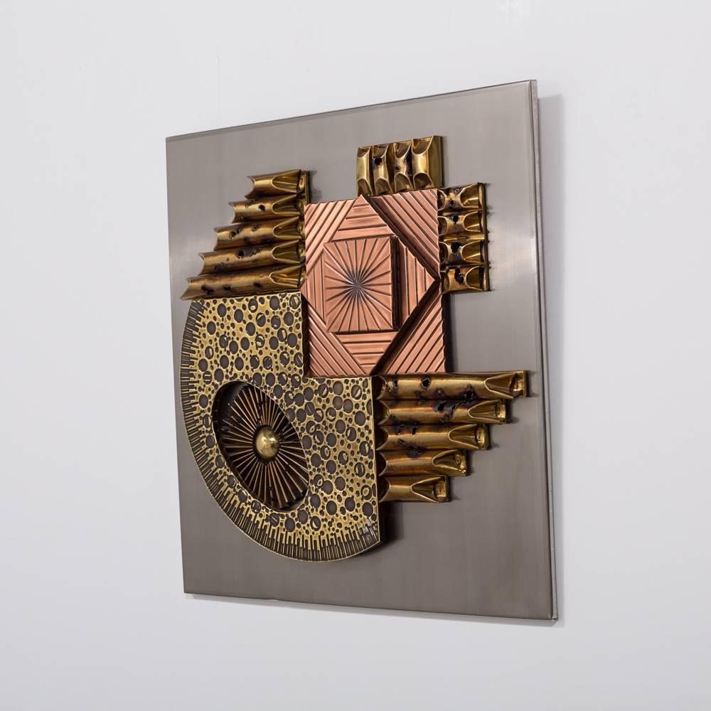 Square Brutalist Metal Wall Panel Sculpture, 1970s In Good Condition For Sale In London, GB