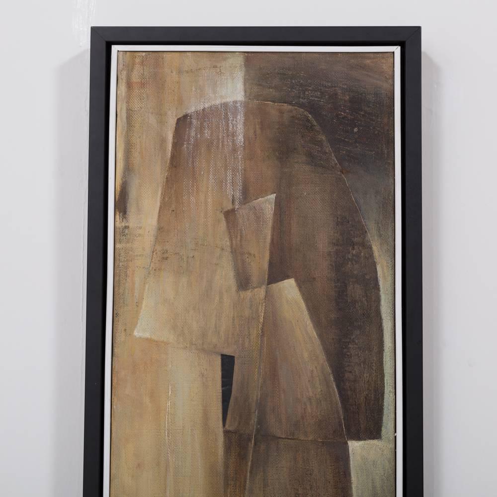 A long abstract oil painting by Hans Richter in varying shades of brown and framed in a wooden ebonized frame. Previous stickers and tags attached to the back frame. 