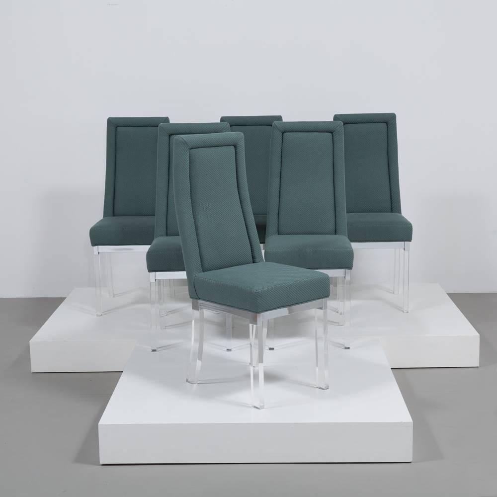 A set of six slender Lucite based upholstered dining chairs attributed to Charles Hollis Jones USA, 1970s reupholstered by Talisman

 