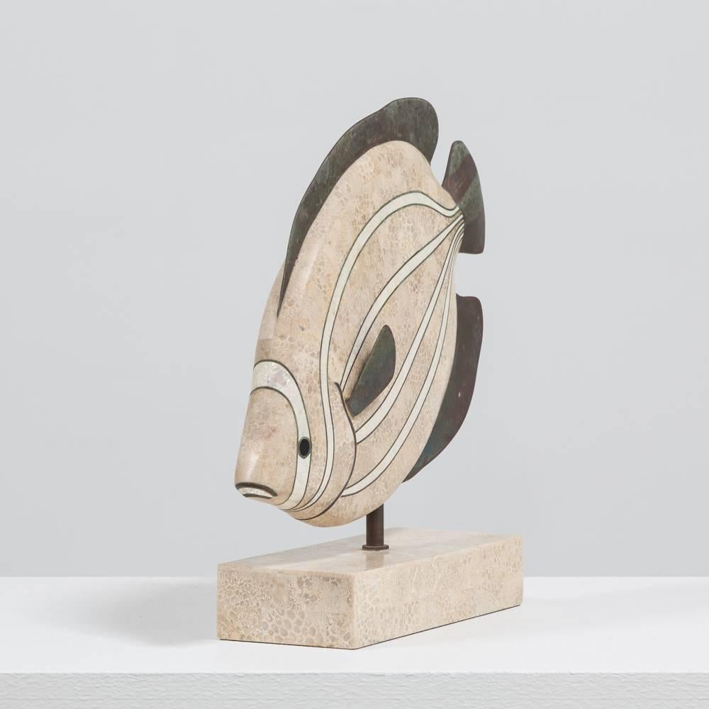 A Maitland-Smith designed stone veneered fish table sculpture with bronze and mother-of-pearl inlaid, USA, 1980s
Measurements are for overall sculpture. Base measurement: 26cm x 11cm
Prices include 10% VAT which is removed for items shipped