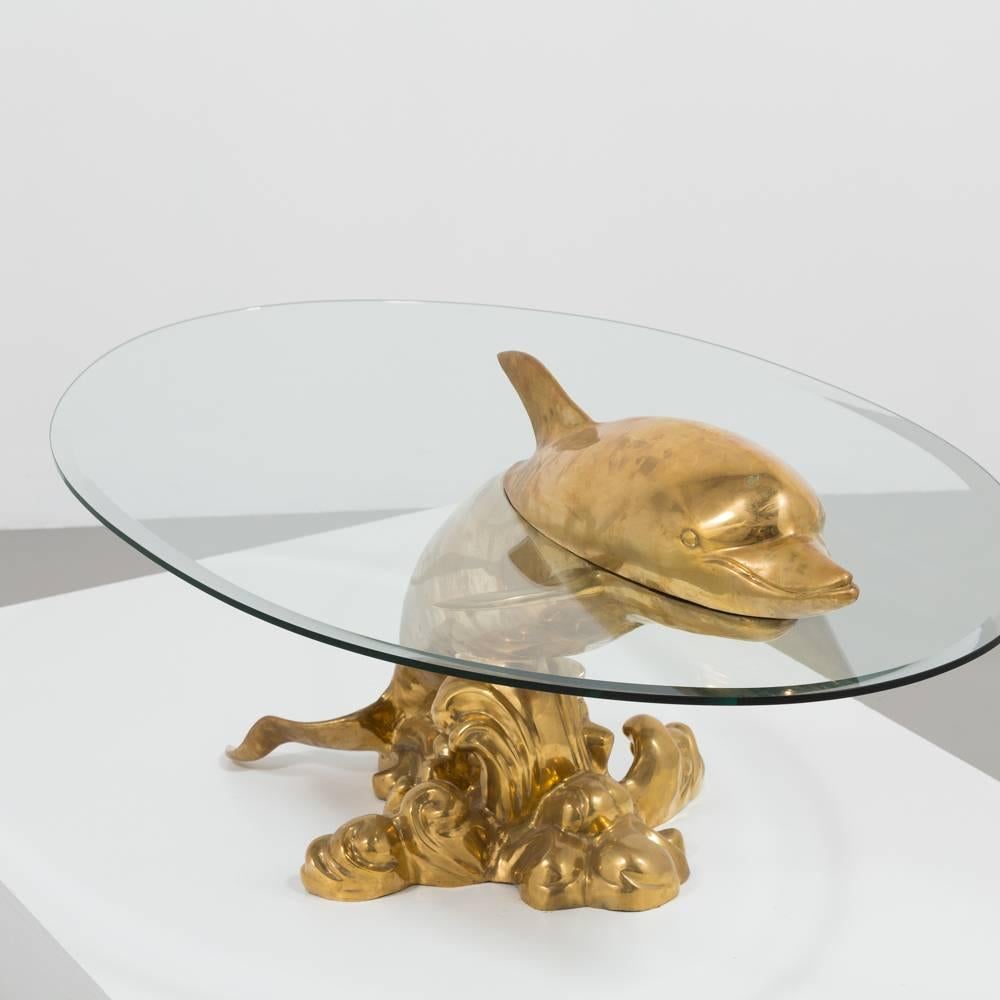 Mid-20th Century Polished Brass and Glass Dolphin Coffee Table, 1960s For Sale