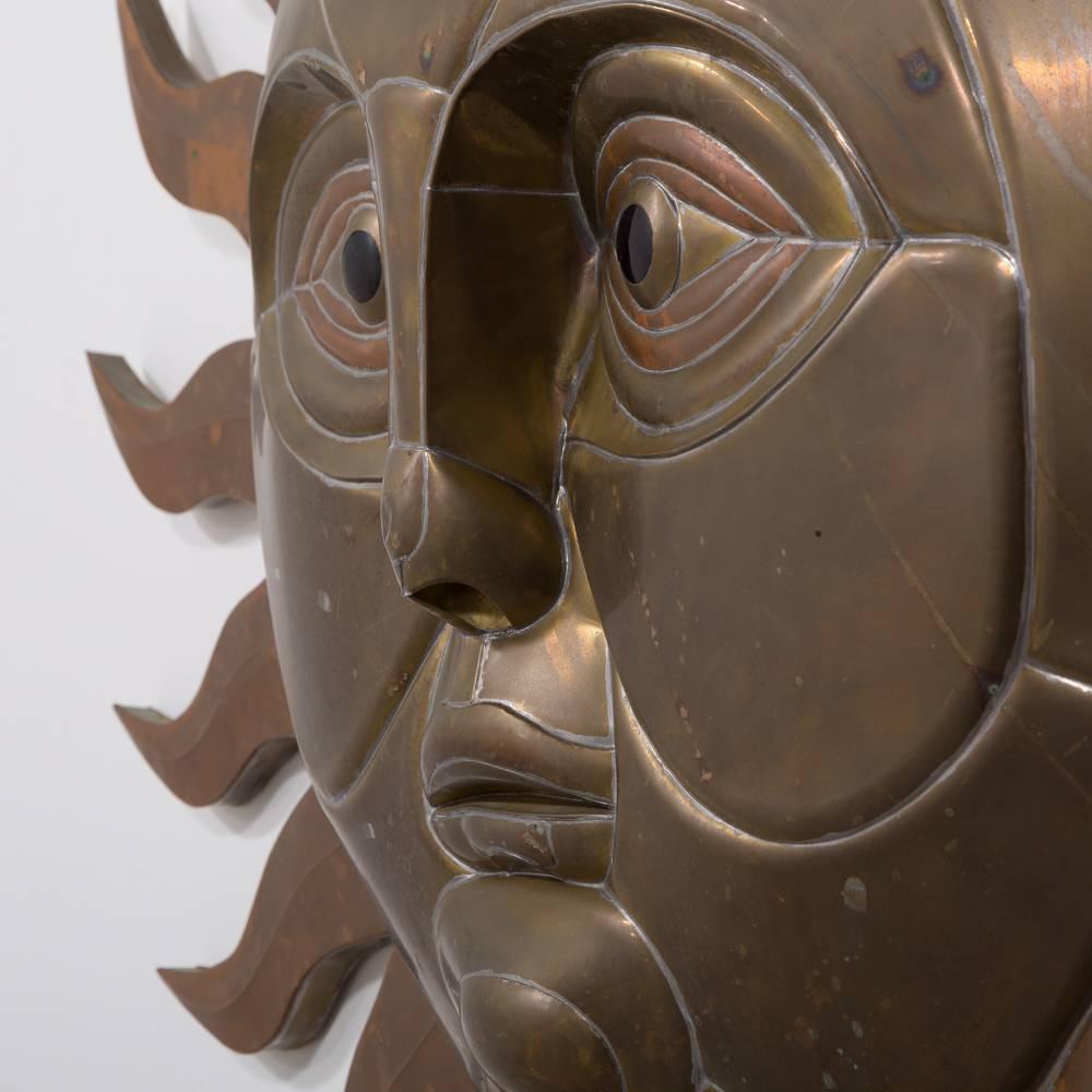 Mexican Sergio Bustamante Brass and Copper Sun Wall Sculpture, 1970s For Sale
