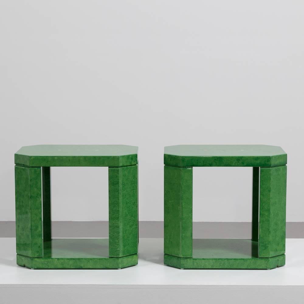 A striking pair of green hand-painted faux skin octagonal side tables with polished brass detail, 1980s.