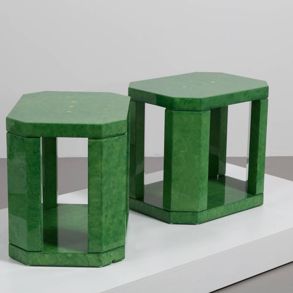 20th Century Striking Pair of Green Hand-Painted Faux Skin Side Tables, 1980s