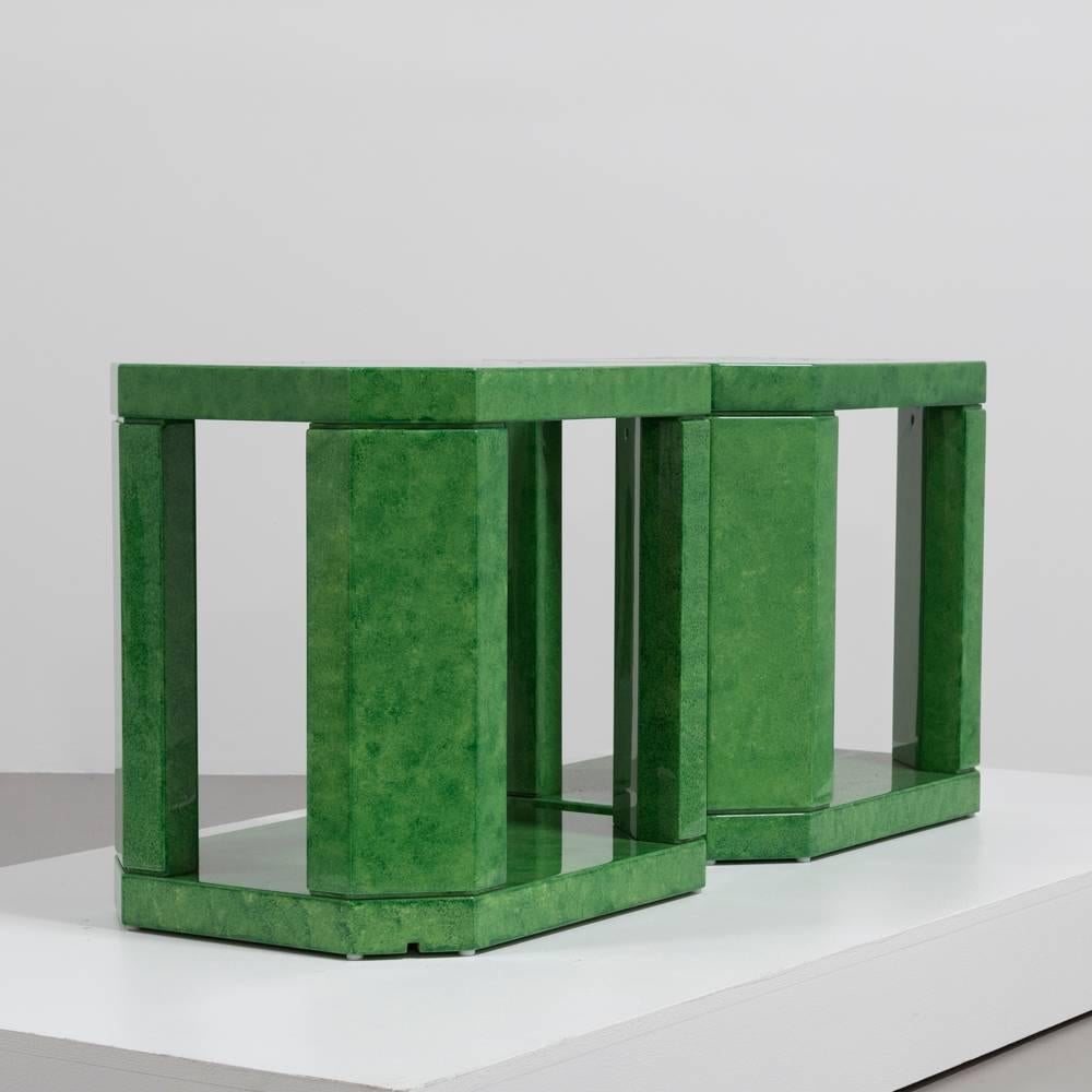Striking Pair of Green Hand-Painted Faux Skin Side Tables, 1980s 1