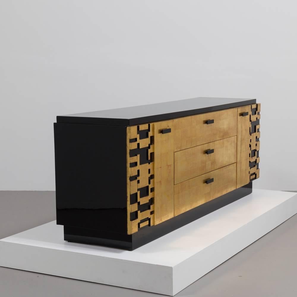 Black Lacquer and Gold Leafed Cabinet by Lane, 1950s For Sale 1