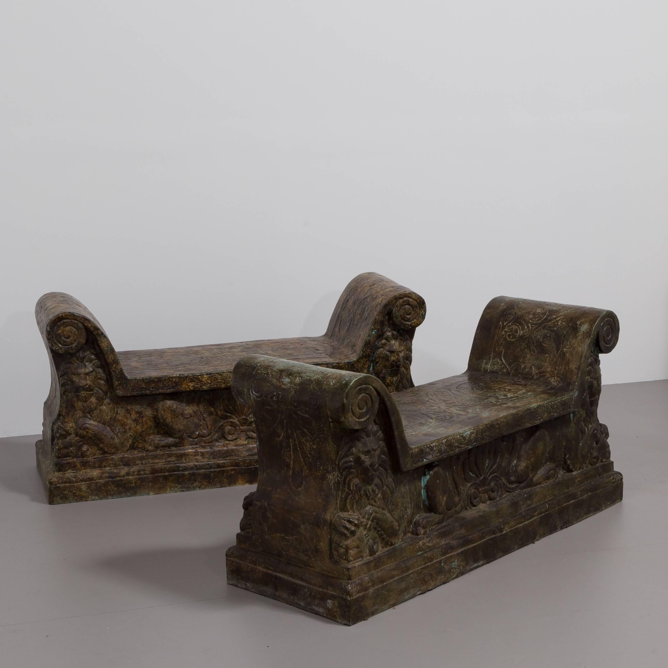 A fabulous pair of cast bronze benches cast by Talisman in 1995 from the original 18th century Italian marble. Recently repurchased by Talisman from a private Estate.
