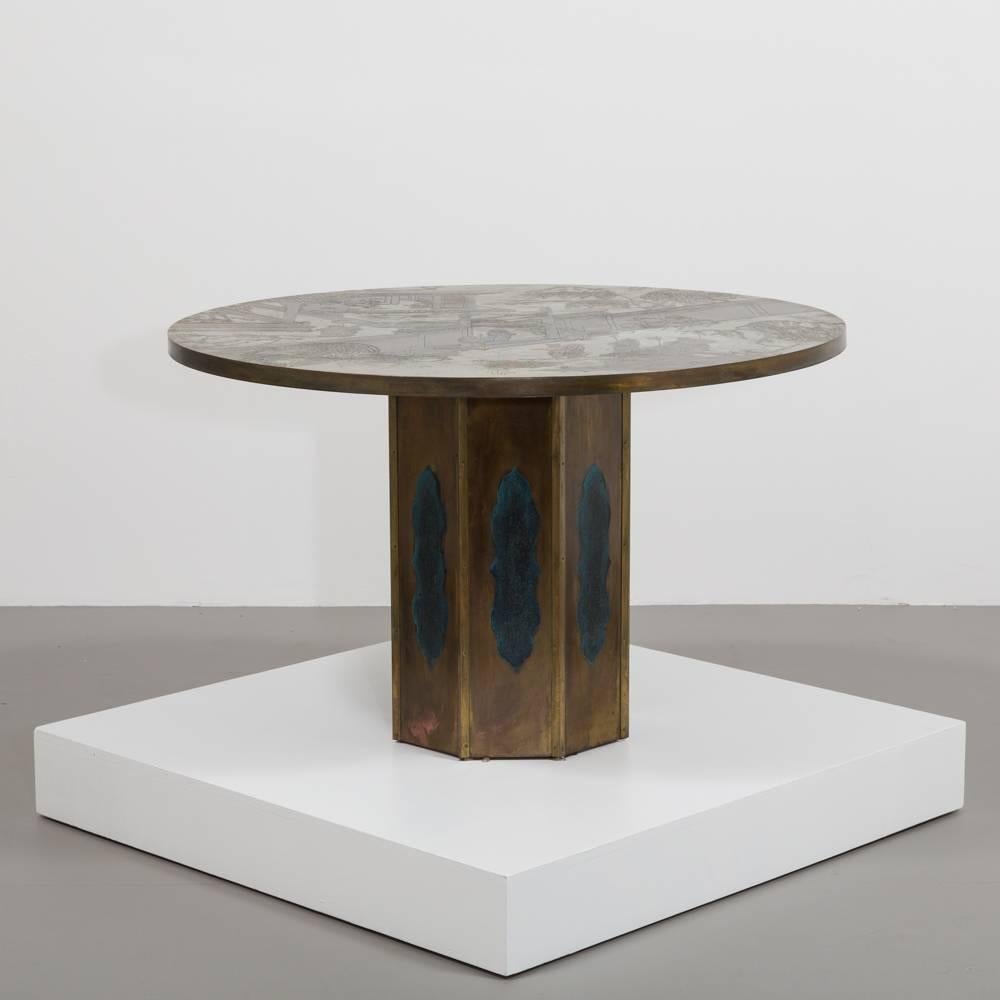 A round acid etched Chan centre table on hexagonal base by Philip and Kelvin LaVerne New York signed original gallery label to underside of table, 1960s.

Philip and Kelvin LaVerne were a New York based father and son team who designed and