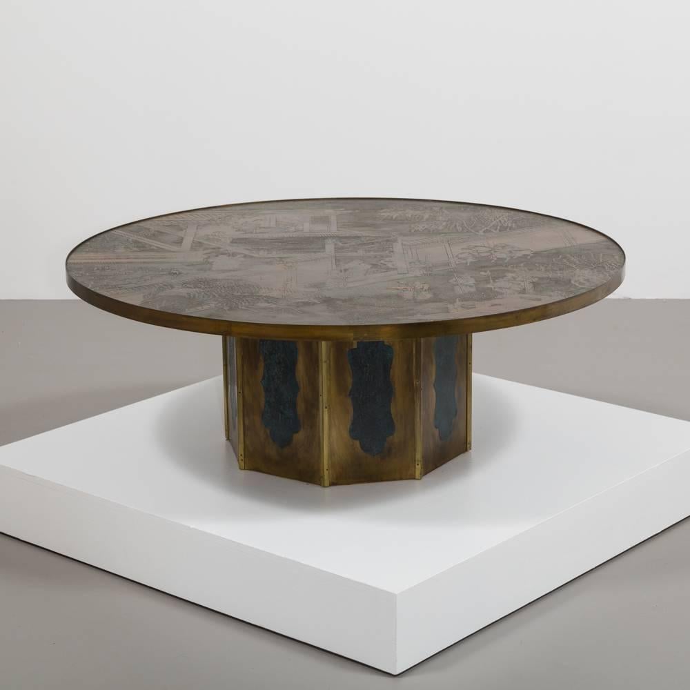 A Phillip and Kelvin LaVerne acid etched and patinated brass over pewter and wood chan coffee table New York signed, circa 1965

Philip and Kelvin Laverne were a New York based father and son team who designed and produced furniture and decorative