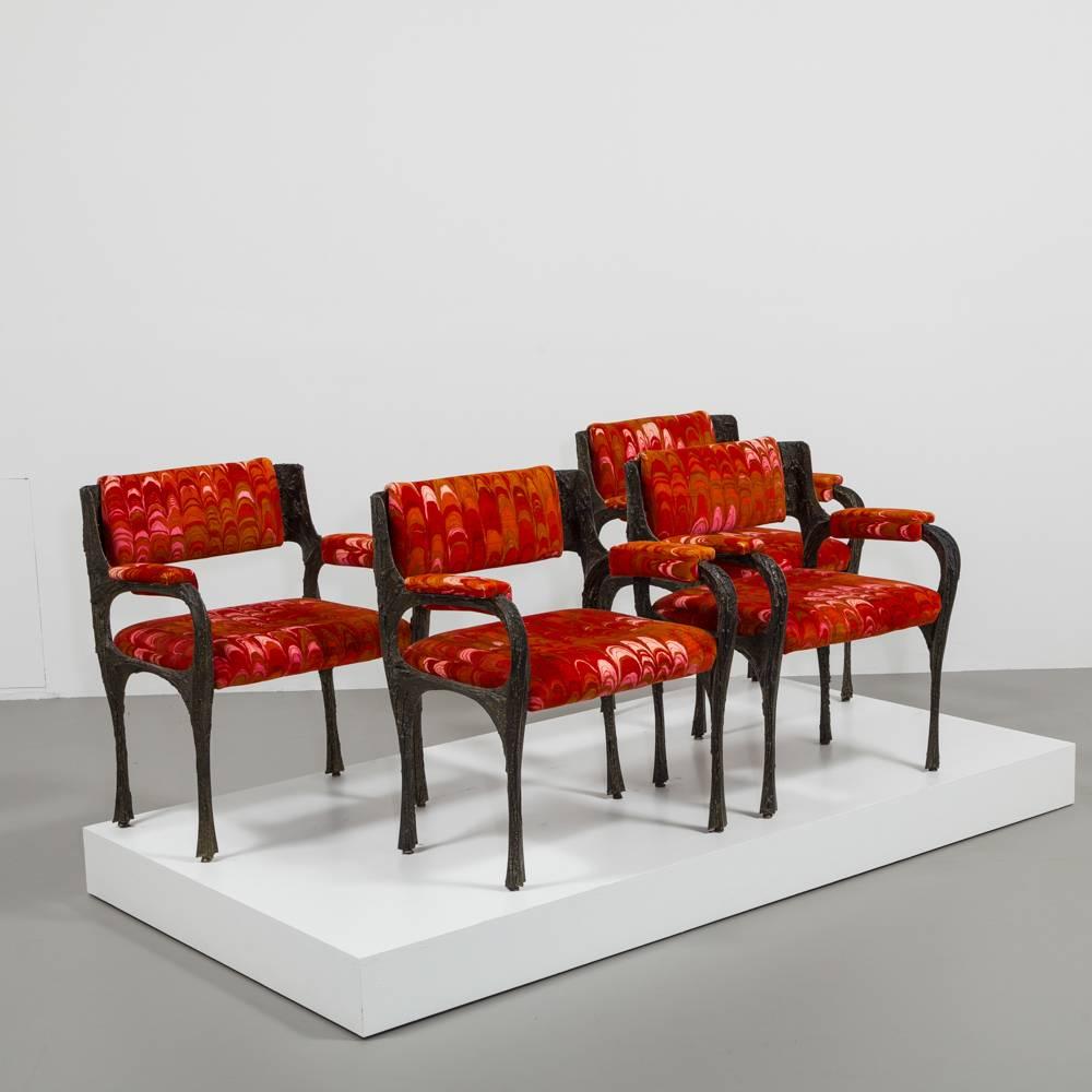 A set of four sculpted bronze PE 105 dining/armchairs designed by Paul Evans for Directional in original Jack Lenor Larsen fabric, late 1960s

Bronzed resin over steel, fabric in excellent condition.