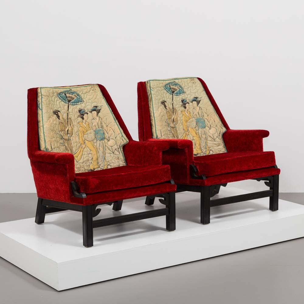 A pair of James Mont style ebonised wooden armchairs in red velvet with geisha scene back cushions 1950s original upholstery in excellent vintage condition.