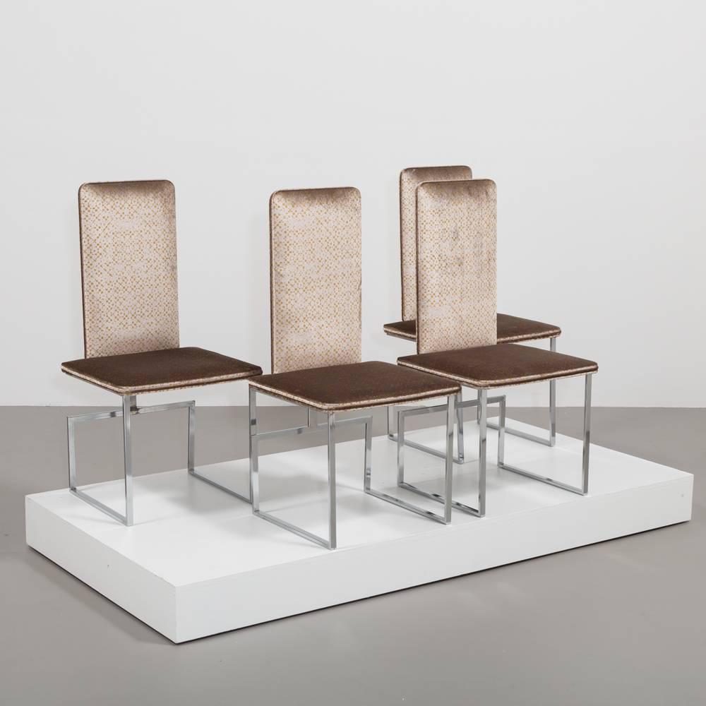 A set of four Italian nickel framed velvet upholstered dining chairs 1980s reupholstered.