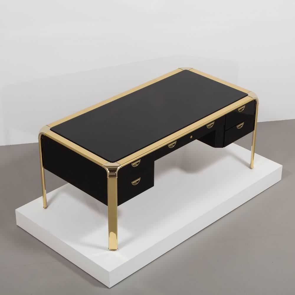 Sensational Jet Black Lacquer and Brass Desk by Widdicomb for Mastercraft In Good Condition In London, GB