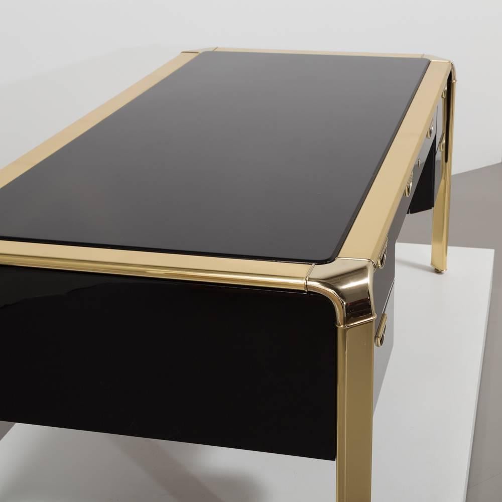 Sensational Jet Black Lacquer and Brass Desk by Widdicomb for Mastercraft 3