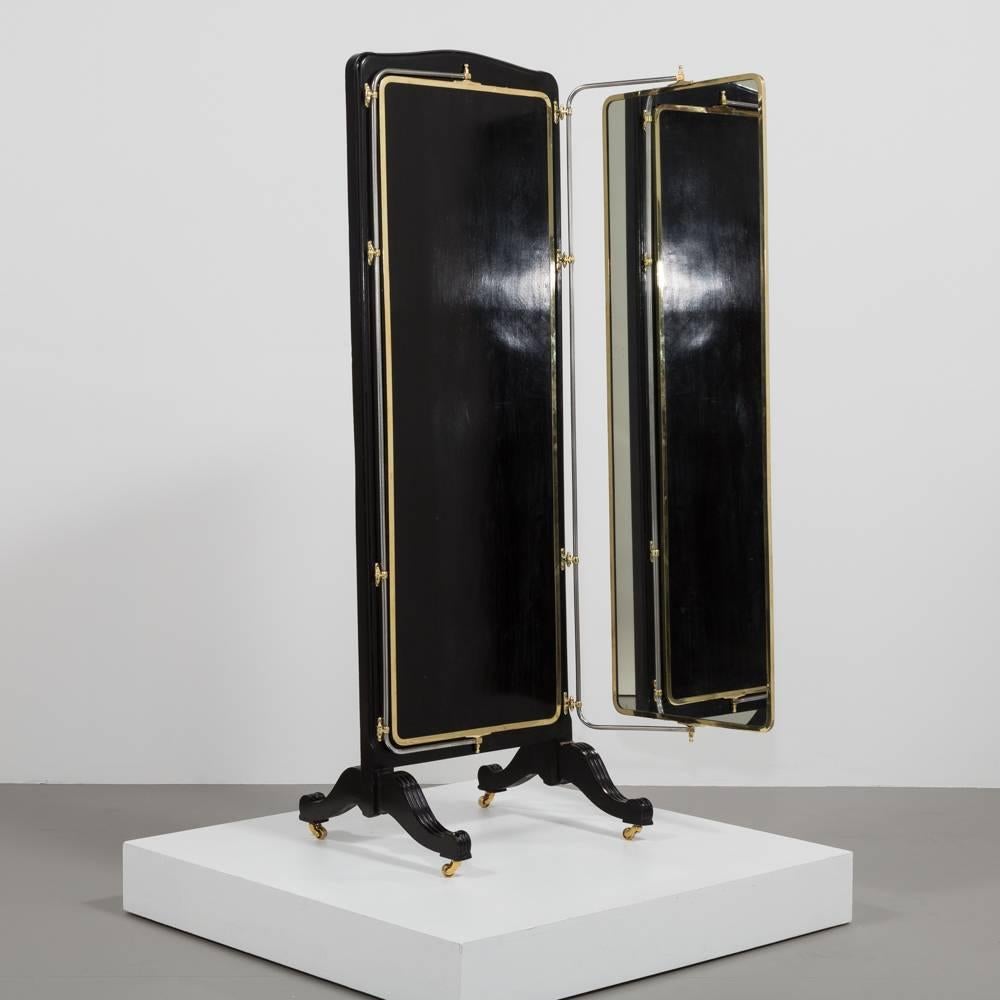 Late 19th Century French Brass and Ebonised Wood Mirrored Screen, circa 1890
