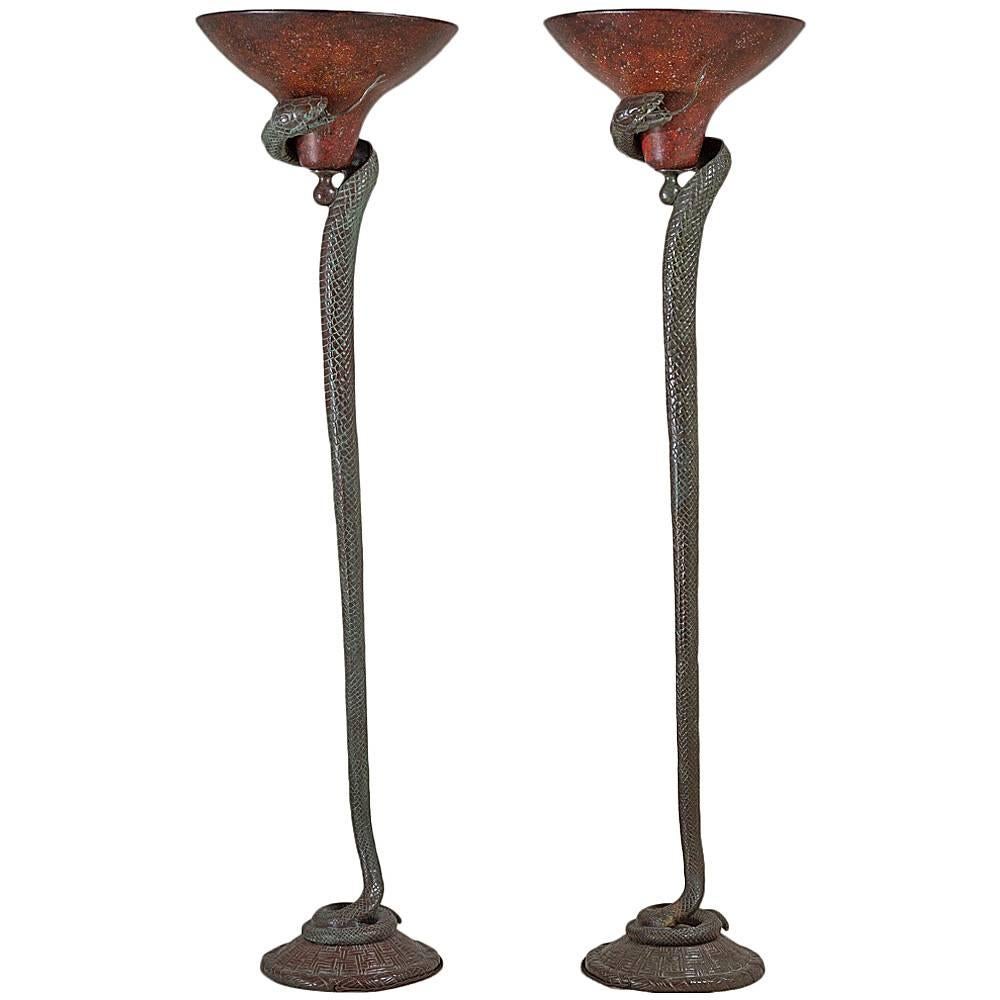 Pair of Snake Floor Lamps in the Manner of Edgar Brandt, 1970s For Sale