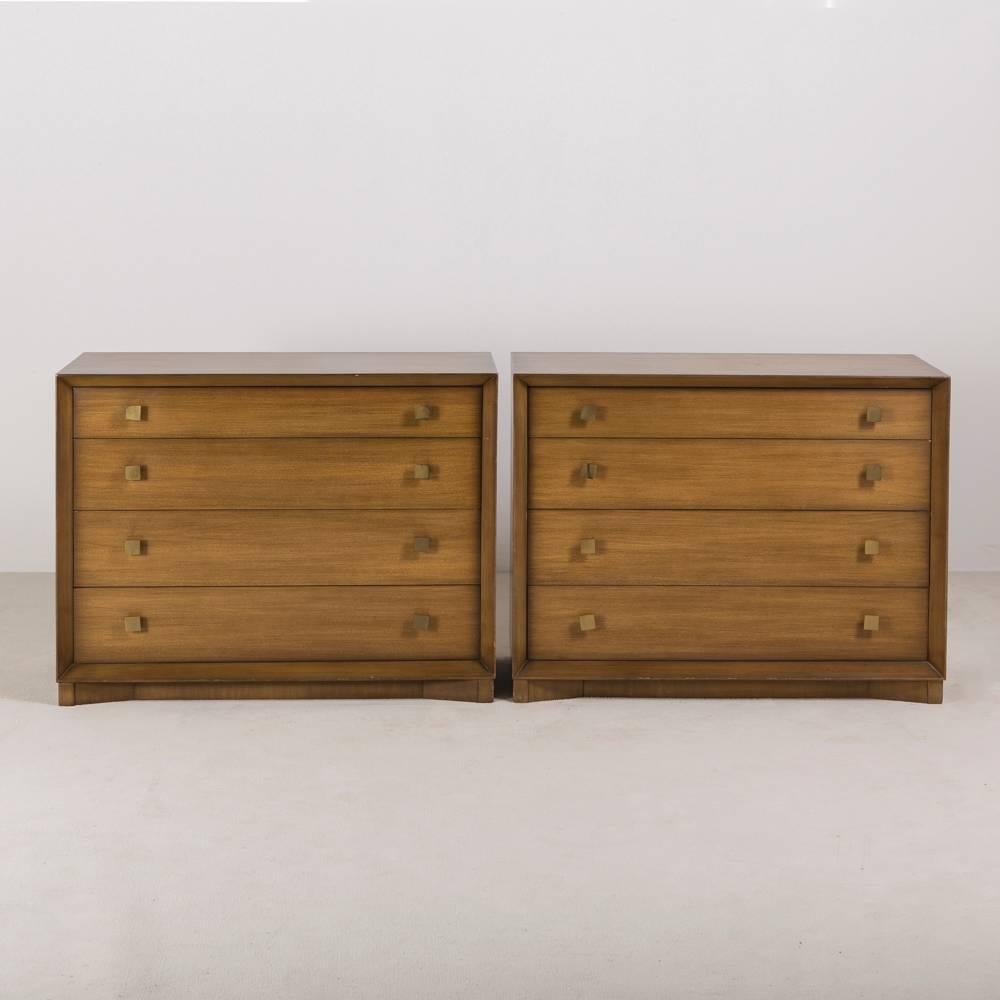 A pair of four-drawer wooden commodes with square brass pulls, 1960s
