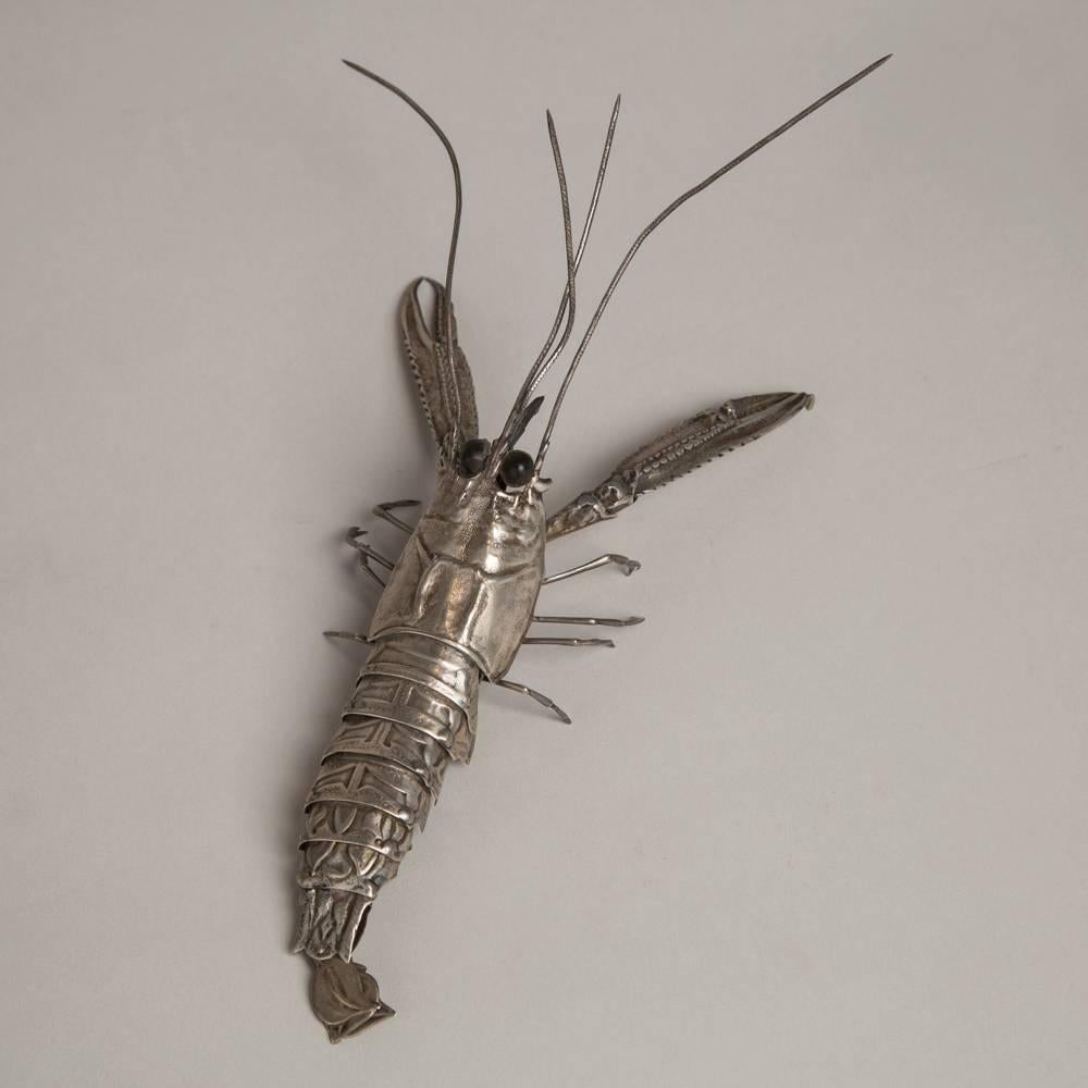A sterling silver plated Langoustine sculpture with articulated parts, 1950s stamped STERLING

