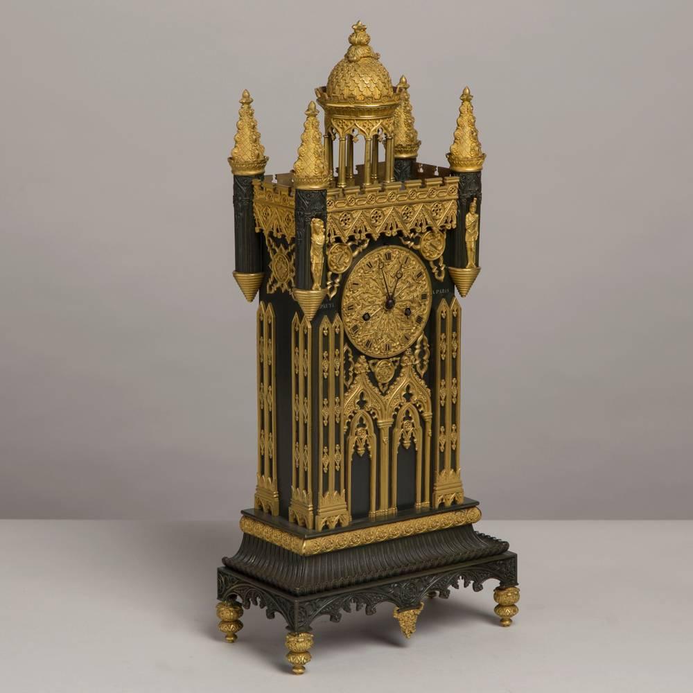 A French late 19th Century Bronze and Ormolu Gothic Cathedral Clock by Lepaute a Paris 
In superb original condition and having recently undergone a complete mechanical refurbishment. The clock has an eight day movement and is quarter striking.  
