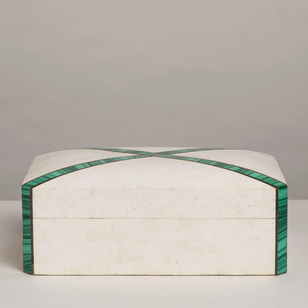 A Maitland Smith designed Tessellated Stone Veneered Hinged Box with Malachite and Brass Inlay Detail 1970s with original makers label