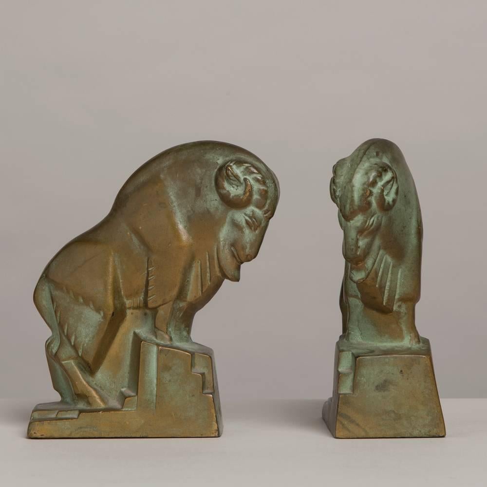 A Pair Of Bronze Ram Bookends by McClelland Barclay 1920s stamped 