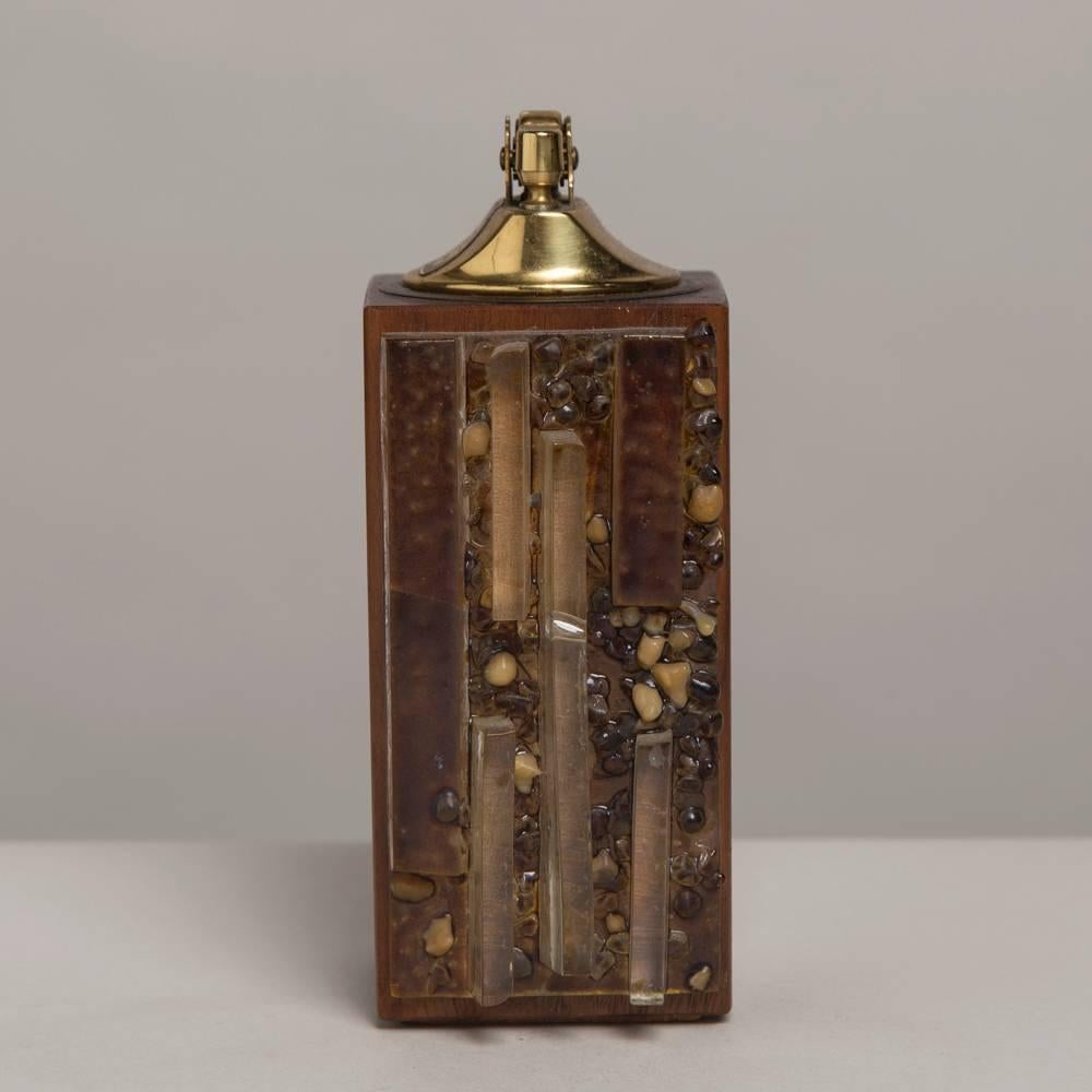 Brutalist wooden and resin lighter with brass ignitor labelled 'Mandala' from Monrovia, California. 1950s-1960s.
