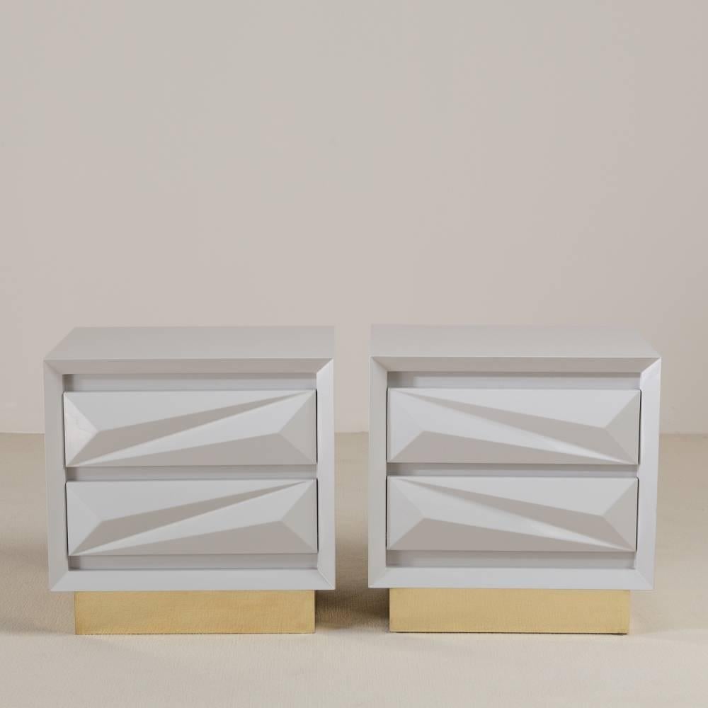 A standard pair of putty lacquered asymmetrical side cabinets on brass bases by Talisman Bespoke

This side cabinet is based on the classic Talisman Bespoke asymmetrical commode and is a chic storage solution for any interior. Available in a wide