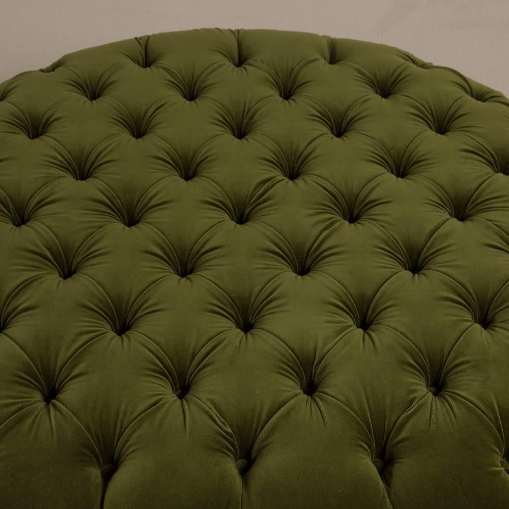 A standard circular deep buttoned velvet upholstered ottoman on brass base by Talisman Bespoke

This simple yet luscious ottoman is inspired by the comfortable Talisman Bespoke deep buttoned sofa and a staple design for all interiors. The design is