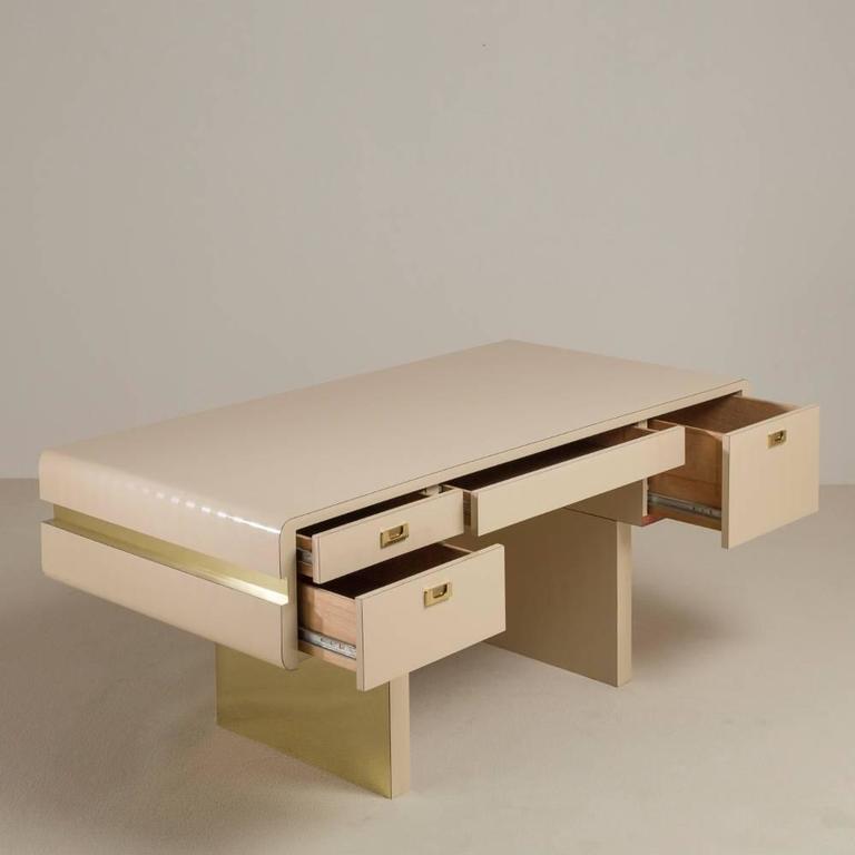Pace Attributed Pedestal Based Brass and Ivory Mica Wrapped Desk, 1970s ...
