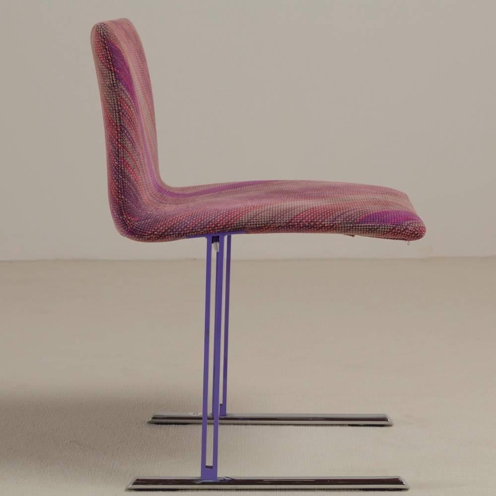 A set of six Saporiti designed dining chairs Italy 1990s original fabric, purple powder coated steel leg detail, original makers sticker on foot 

