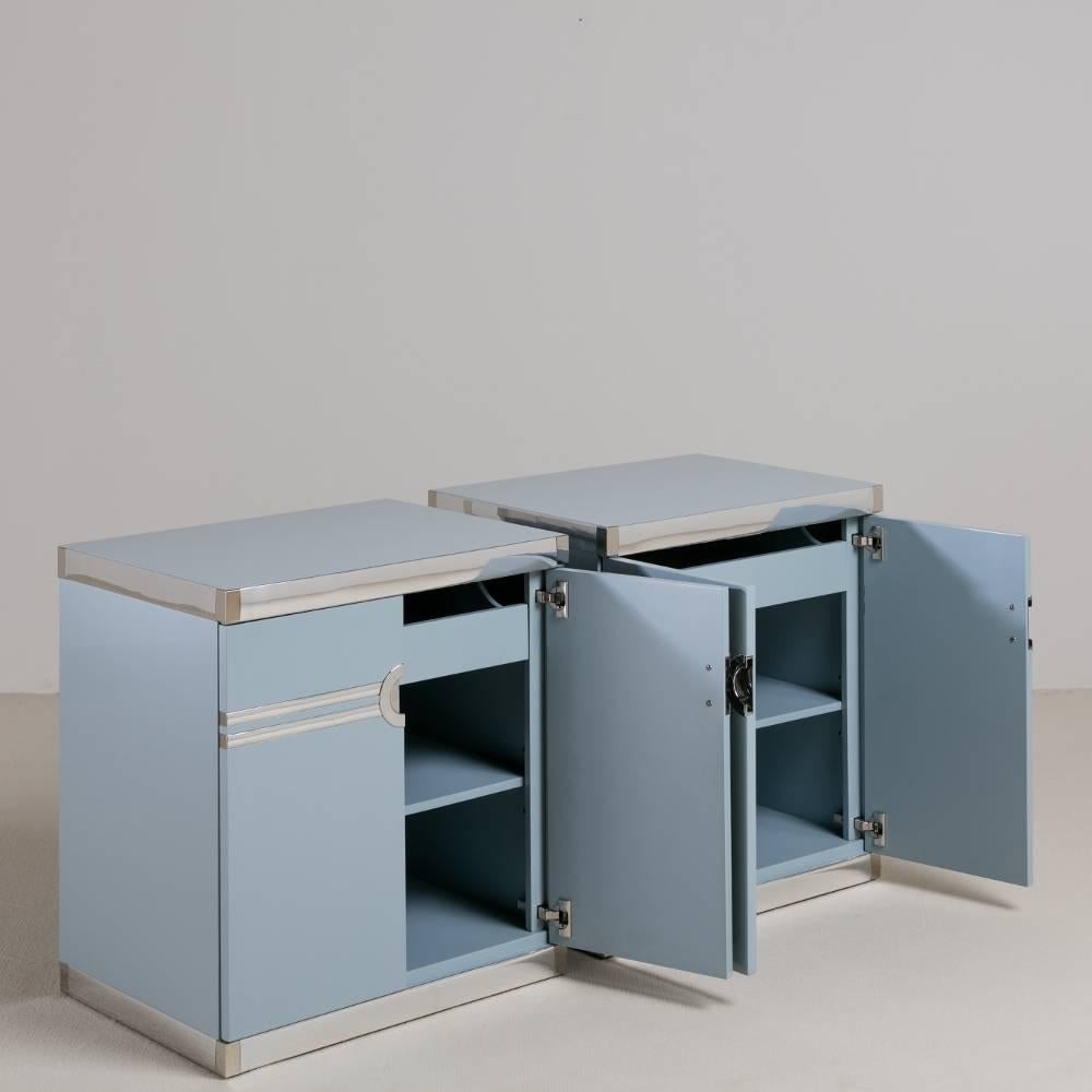 A pair of Pierre Cardin designed bone china blue lacquered side cabinets from 1970s fully restored by Talisman.

Prices include 20% VAT which is removed for items shipped outside the EU.