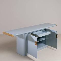 Four-Door Bone China Blue Lacquered Cabinet, 1970s