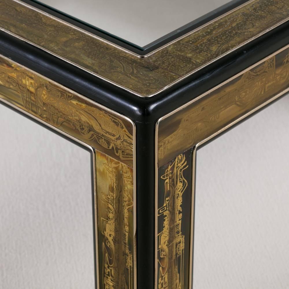 Square Mastercraft Acid Etched Brass and Ebonized Coffee Table For Sale 2