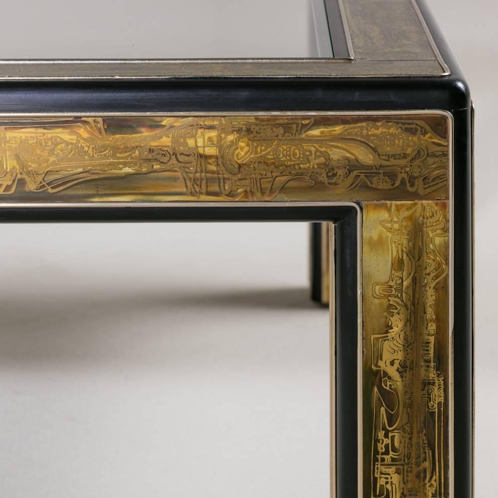 Square Mastercraft Acid Etched Brass and Ebonized Coffee Table In Excellent Condition For Sale In London, GB