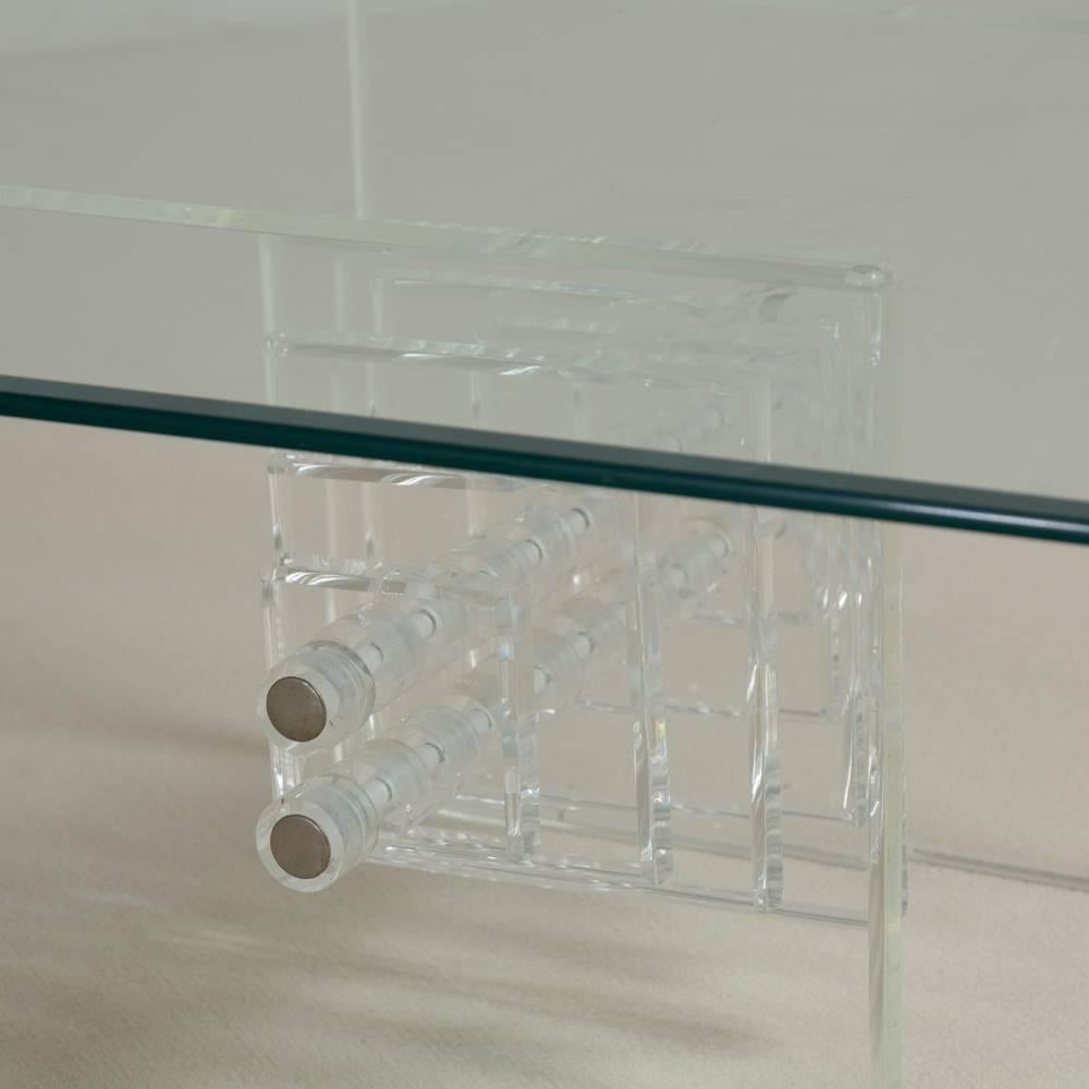 Square Slab Ended Lucite Coffee Table with Glass Top, 1970s In Excellent Condition For Sale In London, GB