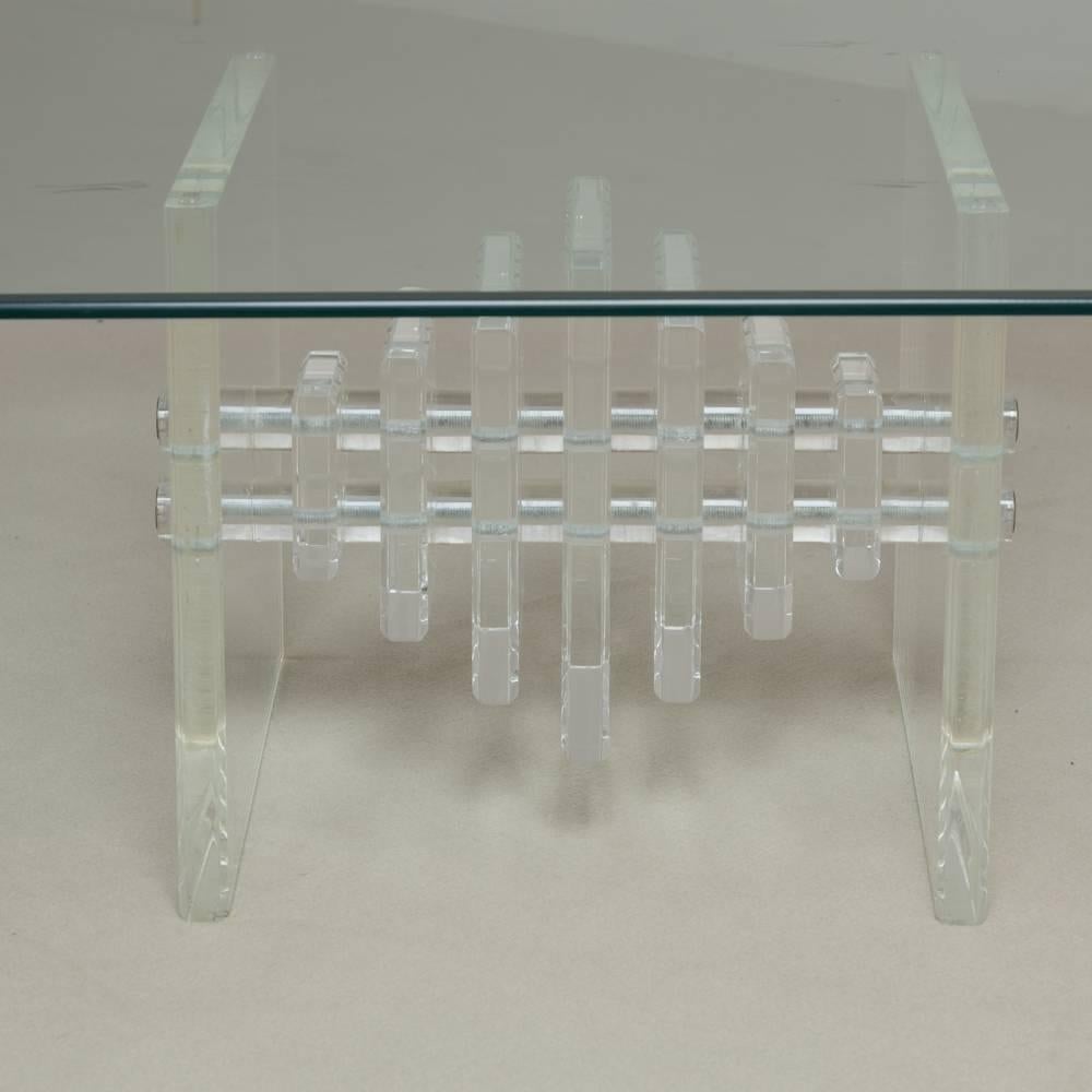 Square Slab Ended Lucite Coffee Table with Glass Top, 1970s For Sale 1