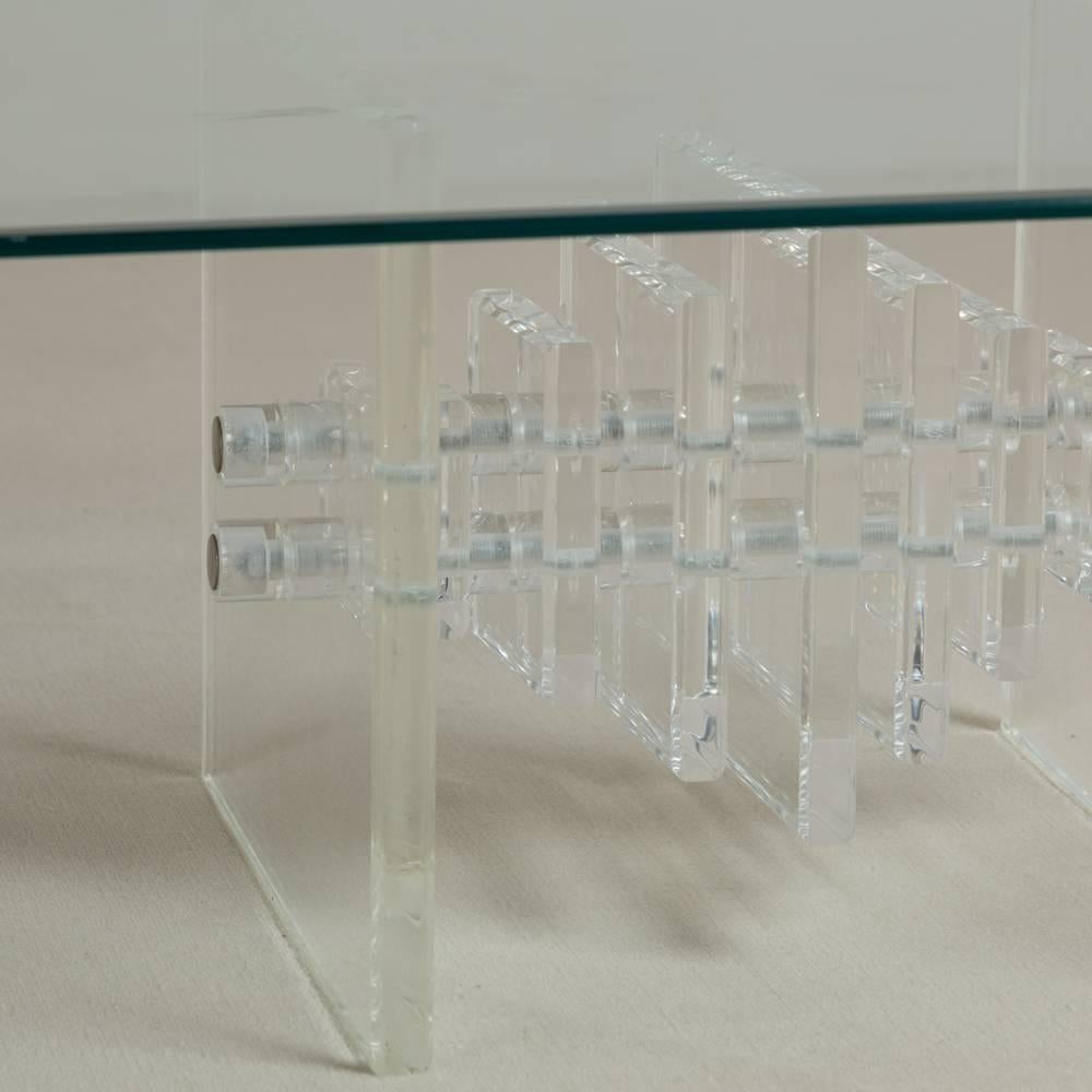Square Slab Ended Lucite Coffee Table with Glass Top, 1970s For Sale 2