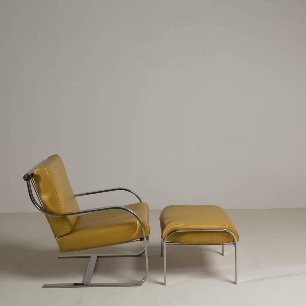 Late 20th Century Chromium Steel Cantilevered Armchair and Ottoman, 1970s For Sale