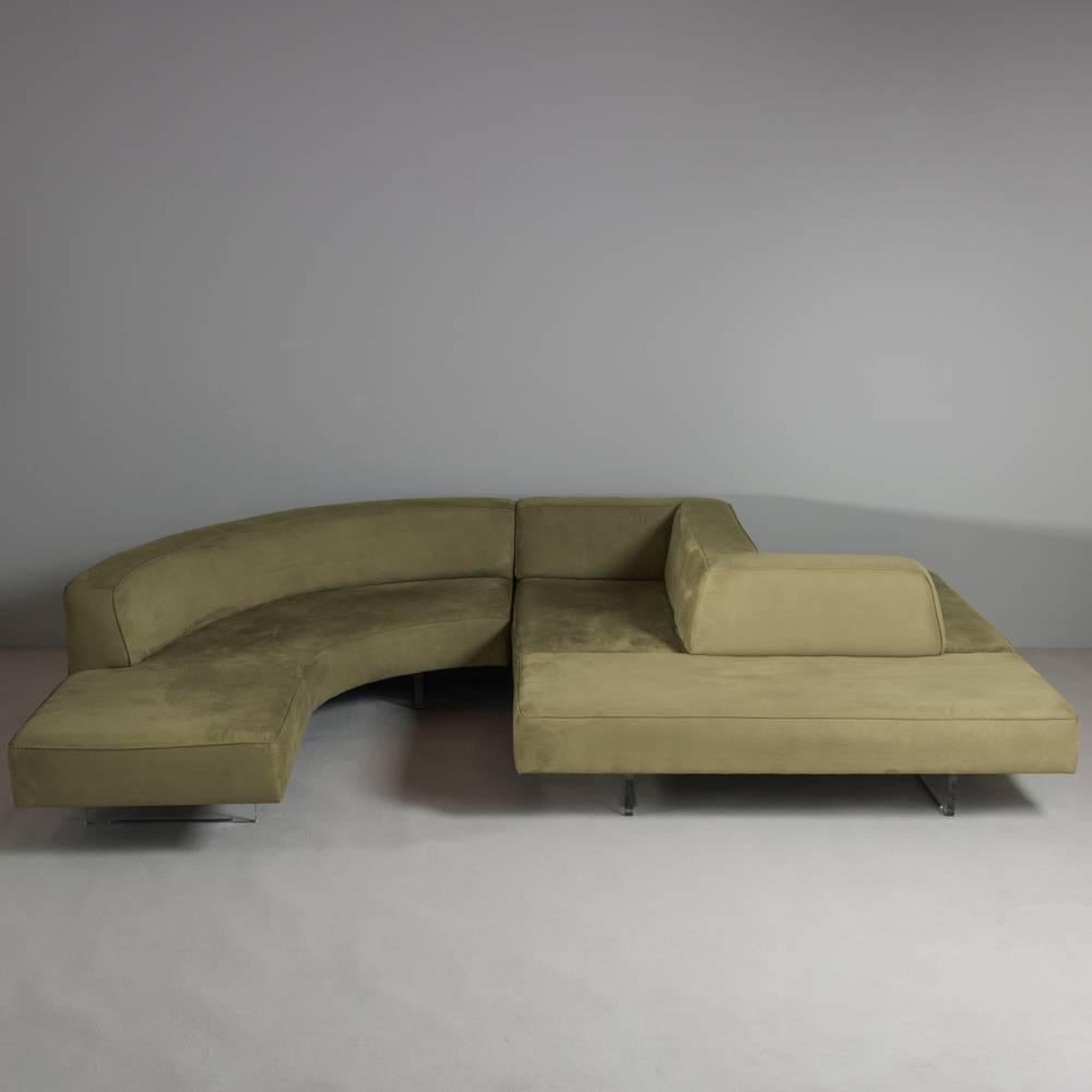 A Sensational Vladimir Kagan designed Tight Seat Upholstered Sectional Sofa on Lucite Plank Legs from his Omnibus Collection 1970s. Retains its Original Fabric in very good condition. 

German born Vladimir Kagan (1927-2016) emigrated to the United