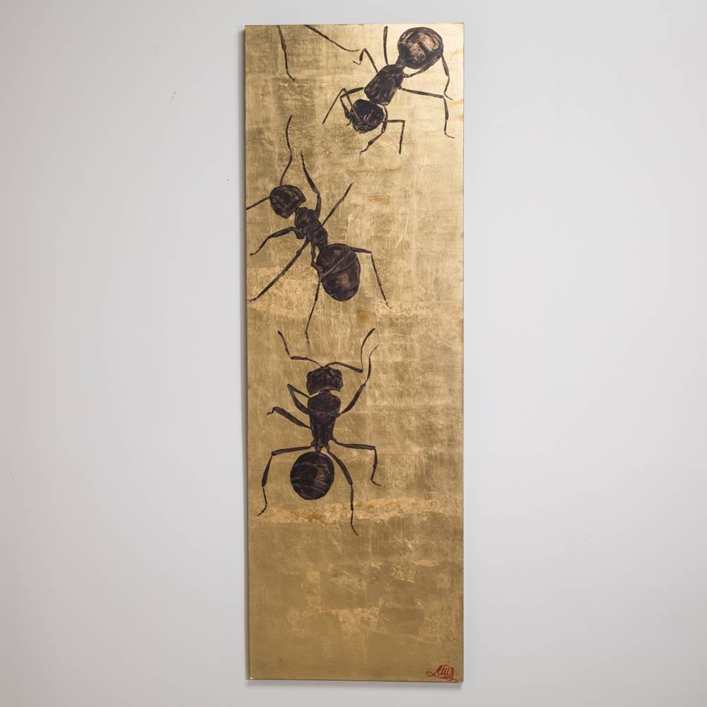 A large gold leaf panel by Lily Lewis titled The Colony 2009.

Shown with additional panel.

Prices include 10% VAT which is removed for items shipped outside the EU.