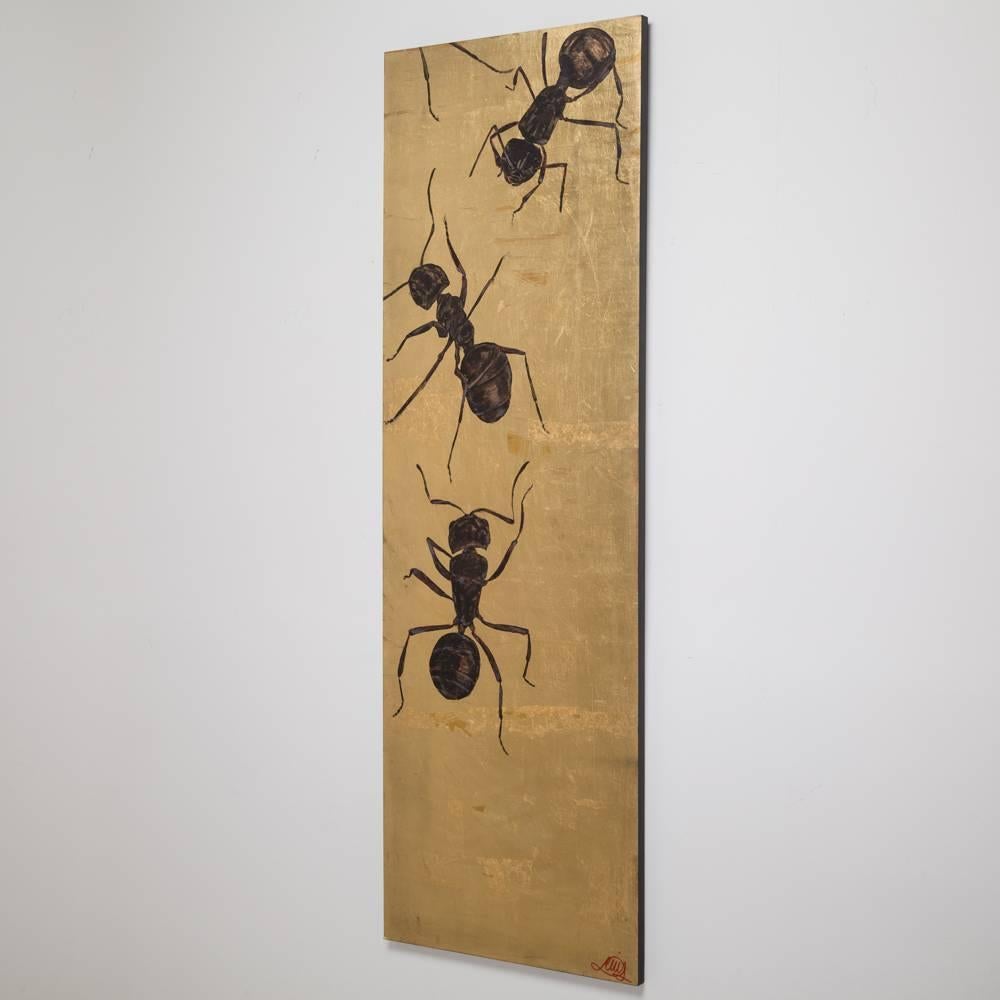 Large Gold Leaf Panel by Lily Lewis Titled the Colony, 2009 In Excellent Condition For Sale In London, GB
