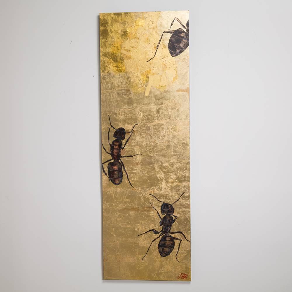 A large goldleaf panel by Lily Lewis titled The Colony 2009.

Shown with additional panel ref L5693.

NB: These items are subject to a further discount over and above the trade when exported outside the EU of 10%