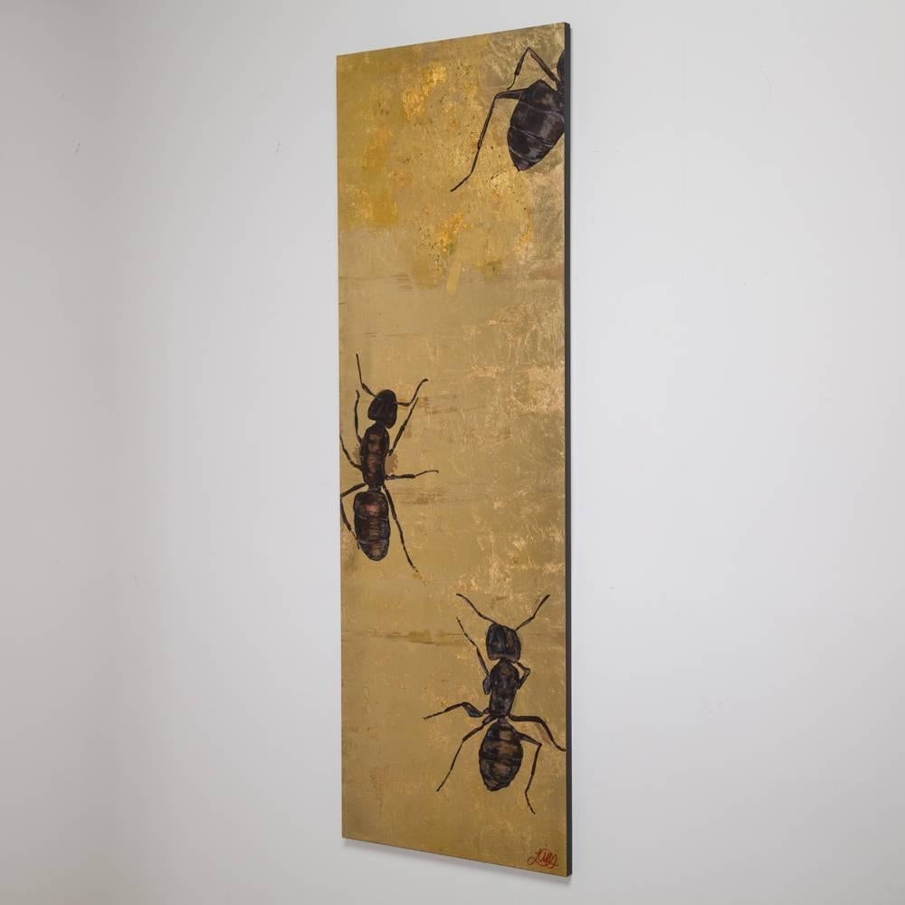Large Goldleaf Panel by Lily Lewis Titled the Colony, 2009 In Excellent Condition For Sale In London, GB